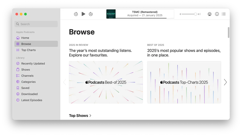 Screenshot of Apple Podcasts "Browse" section showing two promotional banners: "2025 IN REVIEW" and "BEST OF 2025" with colorful starburst and bar chart graphics. The interface suggests a curated year-end selection of top podcasts.