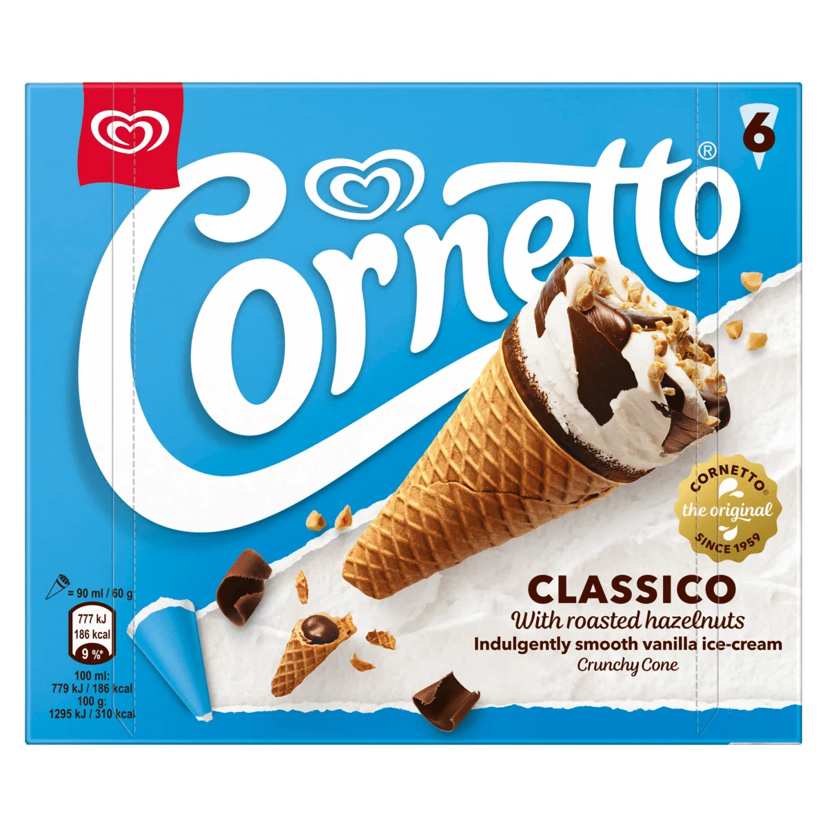 Cornetto Classico packaging showing an ice cream cone with its chocolate-filled tip broken off and displayed separately.