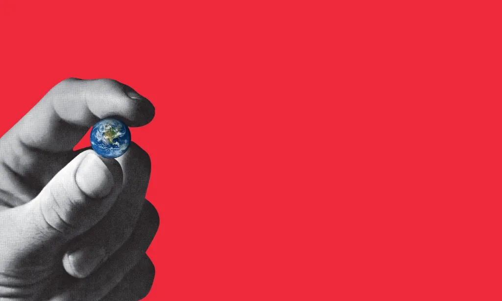 book cover of stubborn attachments book, a picture of the planet earth pinched between index and thumb